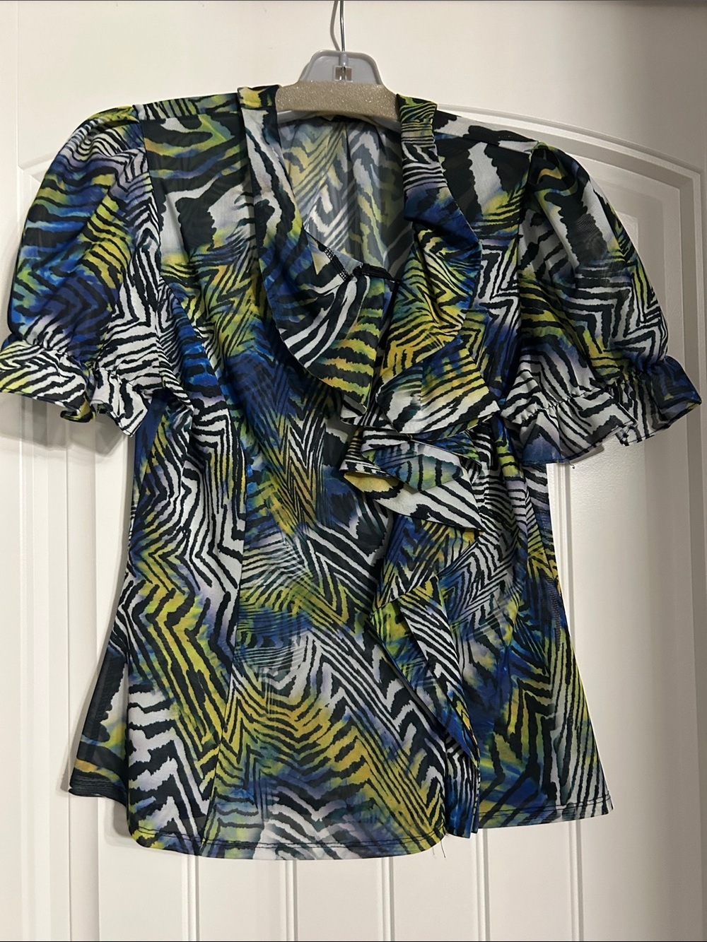 Sheer Ruffle-Front Blouse in Blue, Green & Black